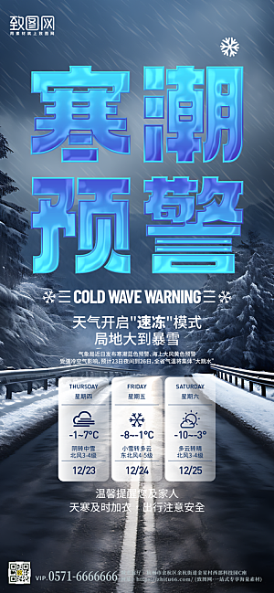 低温降温寒潮预警手机海报