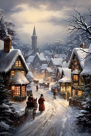 圣诞节夜晚雪中的街道路人行走