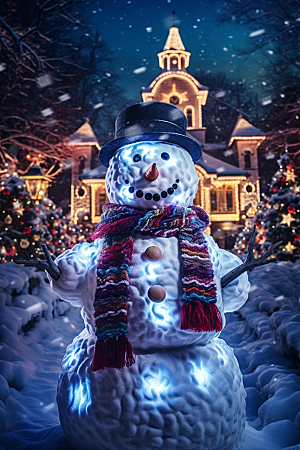 圣诞节雪地里戴帽子的雪人