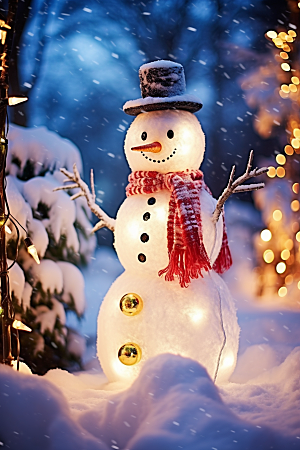 圣诞节雪地里戴帽子的雪人