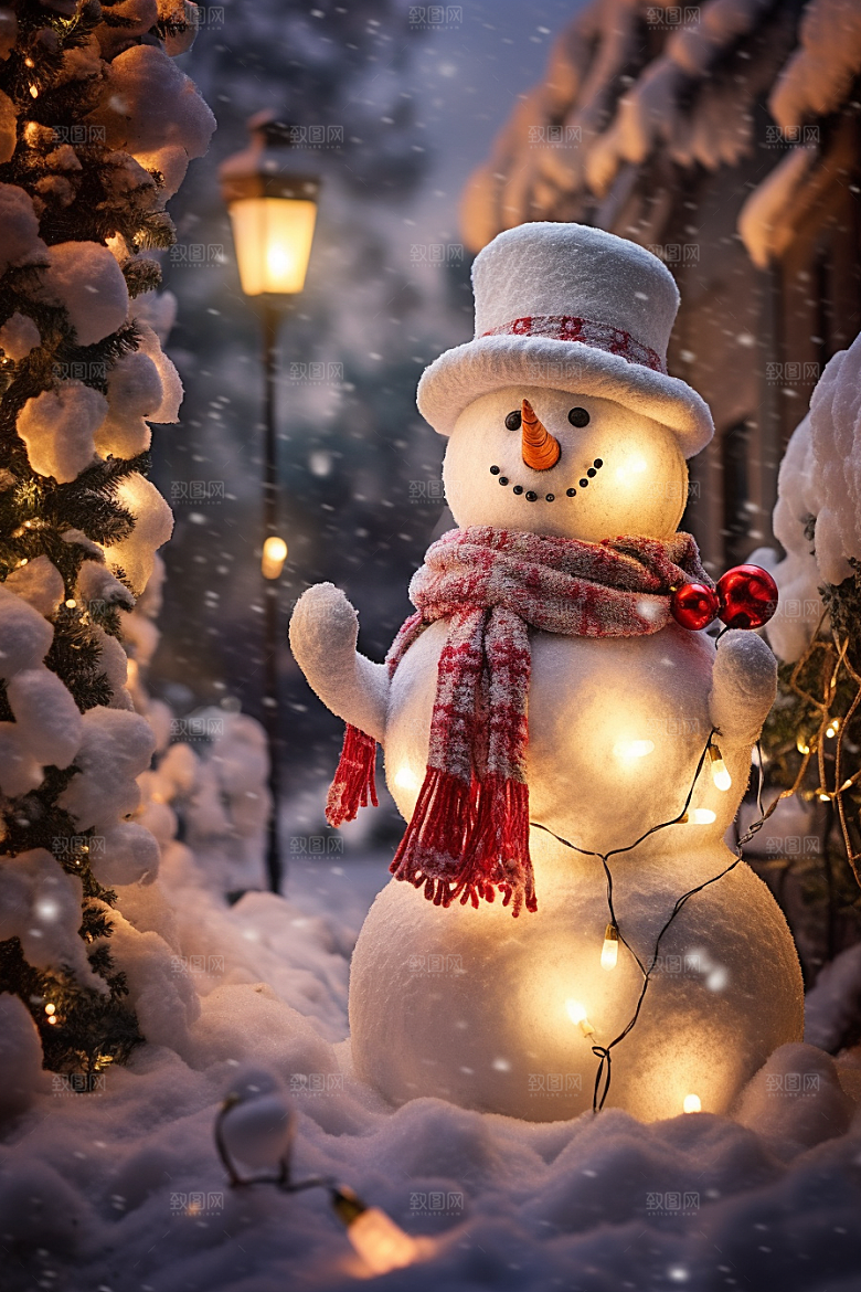 圣诞节雪地里戴帽子的雪人