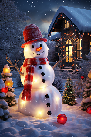 圣诞节夜晚雪人和雪屋