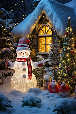 圣诞节雪人和雪屋圣诞树