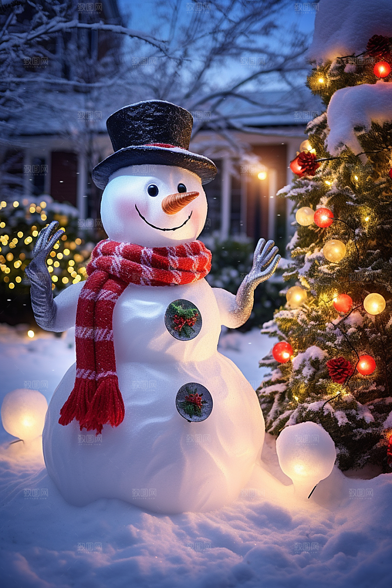 圣诞节雪地里戴帽子的雪人
