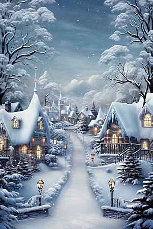 圣诞节雪中的房屋村落小镇