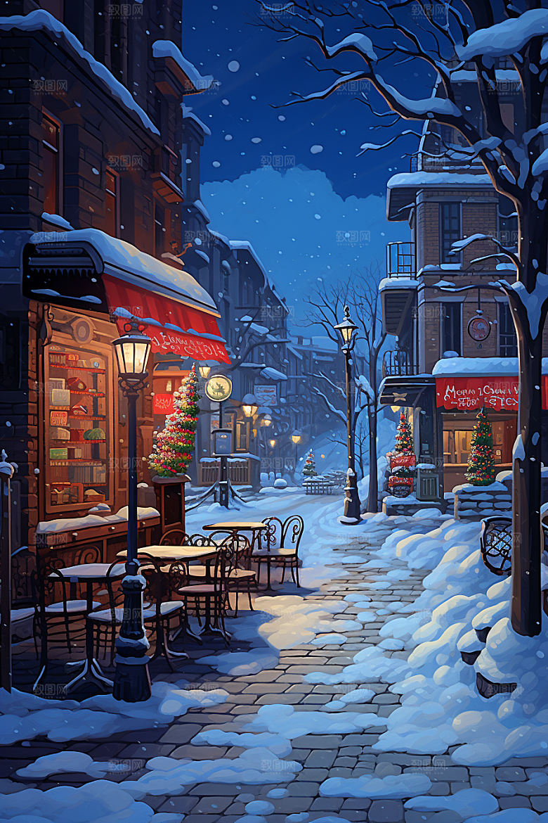圣诞节雪夜街道街景