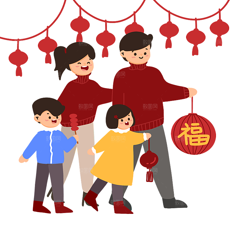 扁平一家四口新年逛庙会