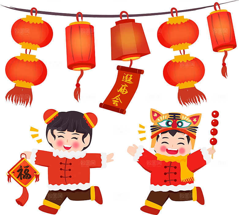 春节过年拜年祝福喜庆灯笼小孩