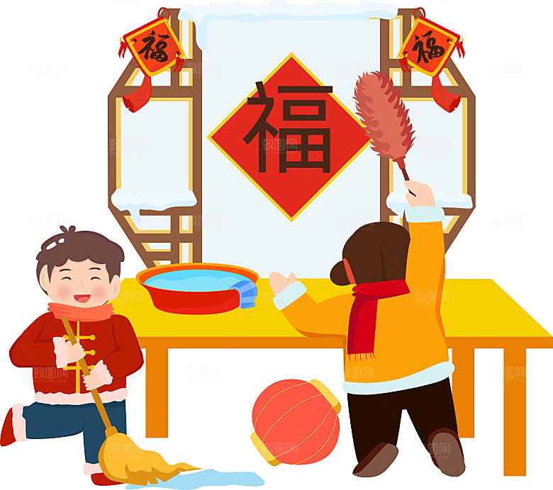 春节年二十四打扫房间人物过年除