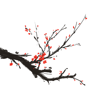 冬季红色梅花树枝水墨写意单棵