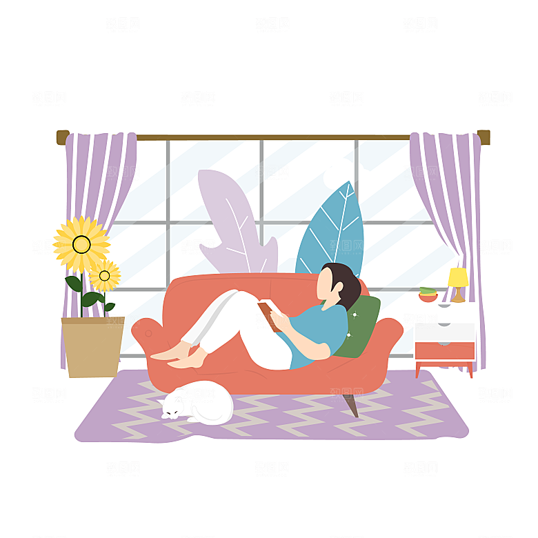 卡通插画风沙发上的女人