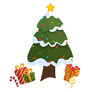 卡通绿色的圣诞树和礼物