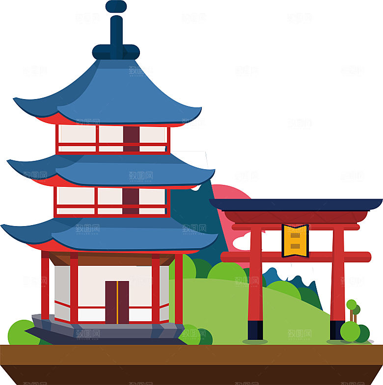 卡通日本建筑插画