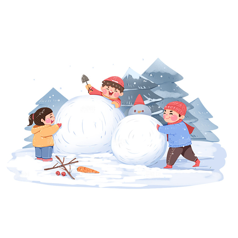 大雪小雪冬季儿童堆雪人二十四节气雪景