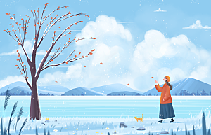 冬天风景女孩和猫湖边散步天空云风景背景