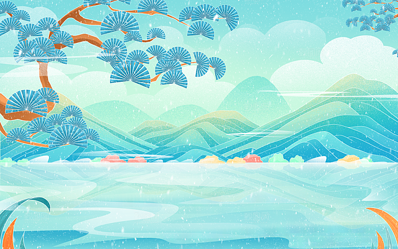 国潮冬天诗意山脉山水插画背景