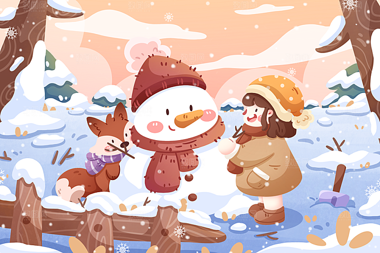 清新冬季堆雪人卡通插画