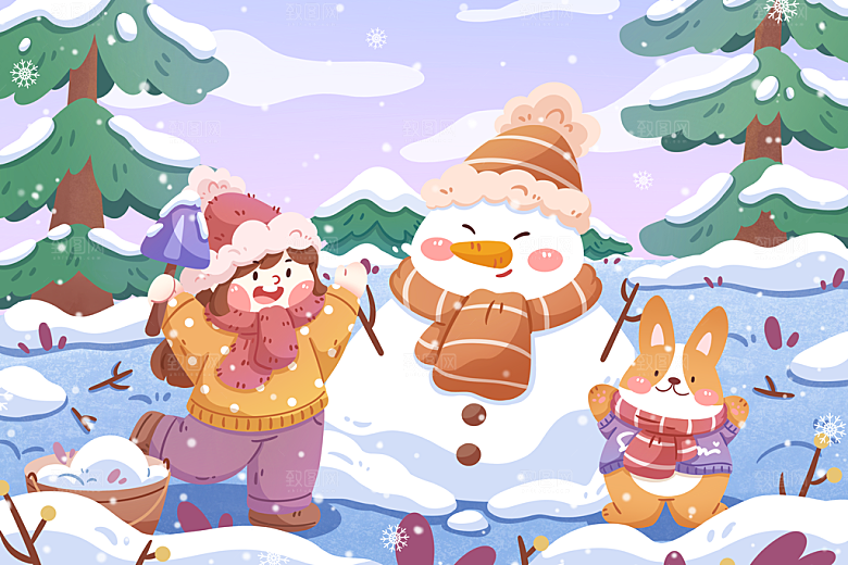 手绘冬天女孩堆雪人卡通插画