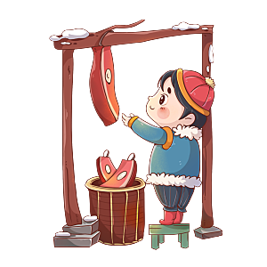 小雪节气冬天挂腊肉做腊肉的男孩插画元素