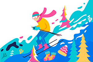 彩色扁平插画冬季运动会滑雪者免扣人物场景