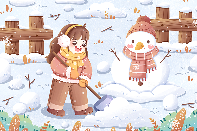 大雪节气女孩堆雪人铲雪卡通插画