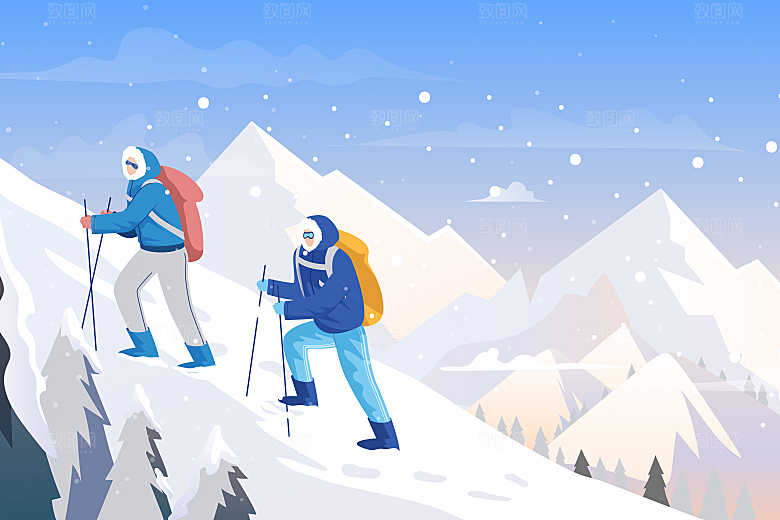 冬季登雪山矢量扁平插画