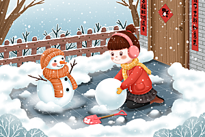 冬天堆雪人的女孩卡通插画