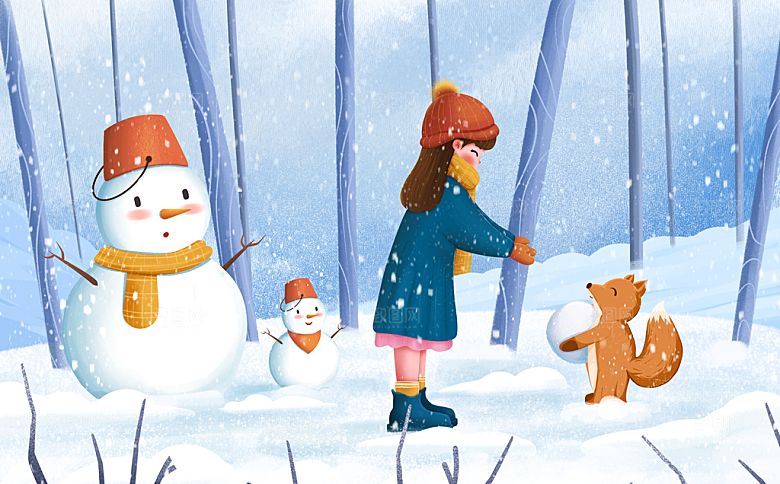 和小狐狸堆雪人的女孩卡通插画