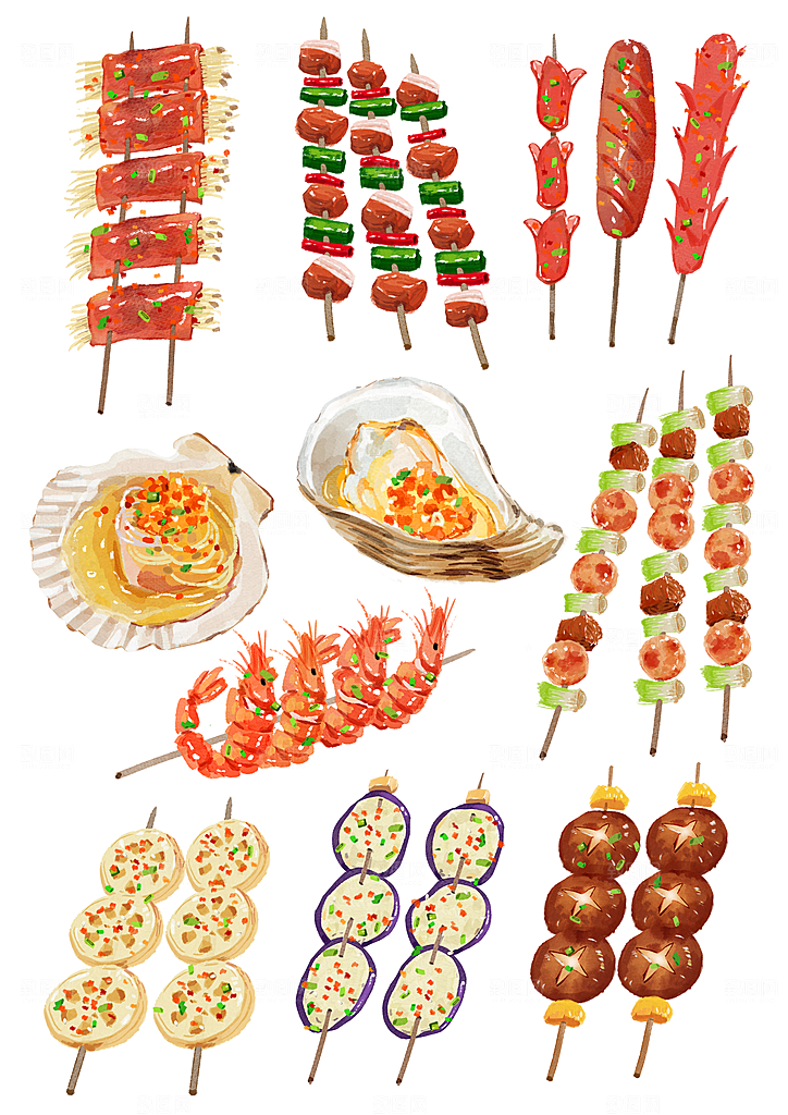 手绘水彩烧烤美食套图