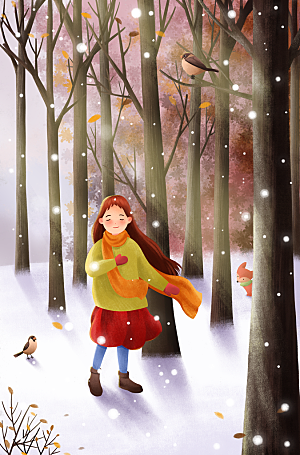 下雪时树林中的女孩