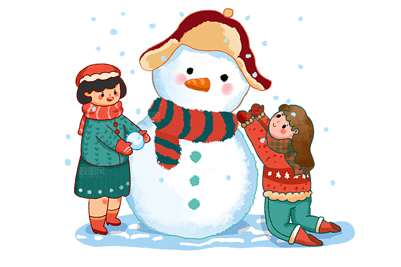 小孩堆雪人手绘寒冷