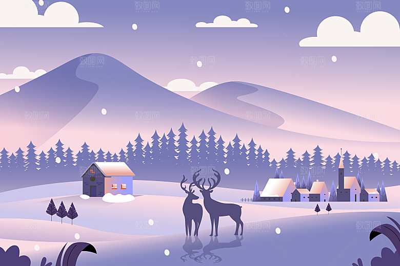 紫色冬季雪天风景和麋鹿矢量插画