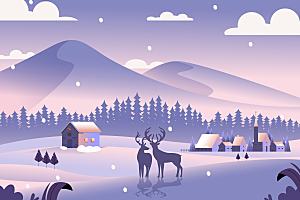 紫色冬季雪天风景和麋鹿矢量插画