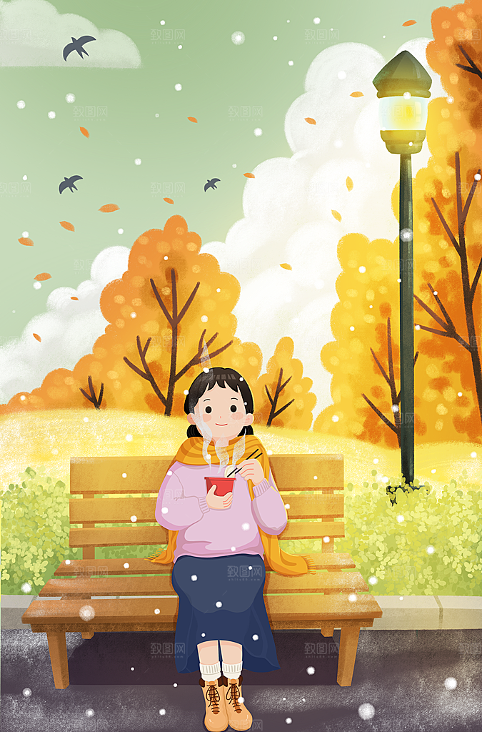 坐下公园看下雪吃关东煮的女孩
