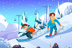 卡通手绘冬季冬天滑雪插画