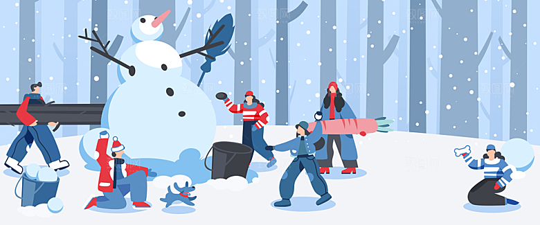 二十四节气小雪冬季雪景雪人扁平风插画Ba