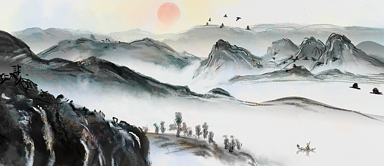 中式山水画风景展板