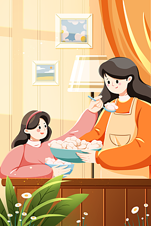立冬节日节气一家人母女吃饺子扁平风竖版插