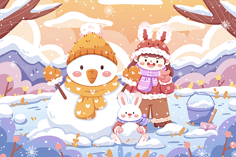 清新冬天女孩雪人卡通插画