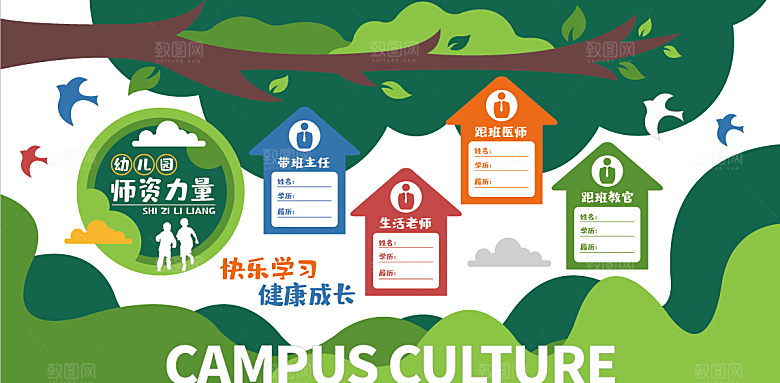 整墙绿色森林卡通幼儿园师资力量校园文
