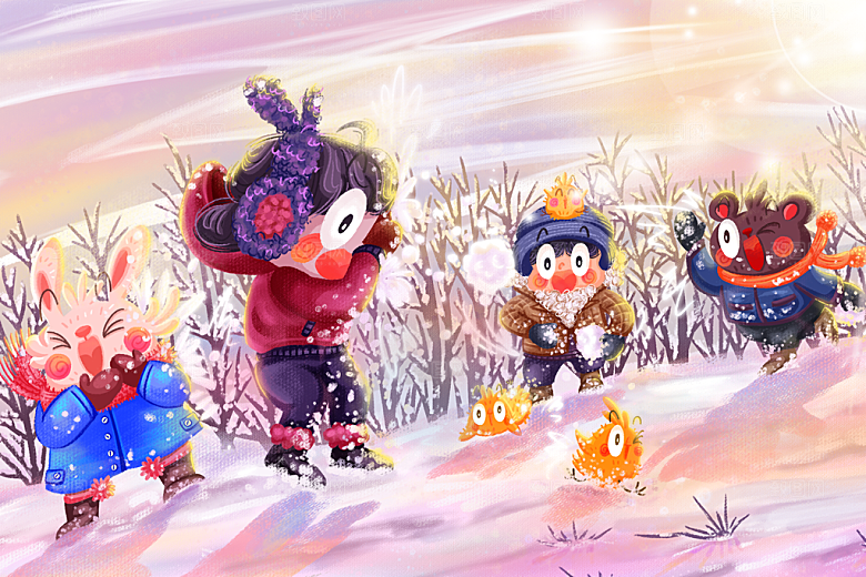 冬天冬季二十四节气大雪打雪仗