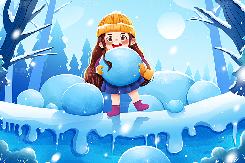 蓝色唯美冬季抱雪球女孩小雪插画