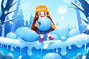 蓝色唯美冬季抱雪球女孩小雪插画