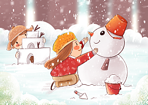 小雪节气可爱插画堆雪人可爱人物树林积雪
