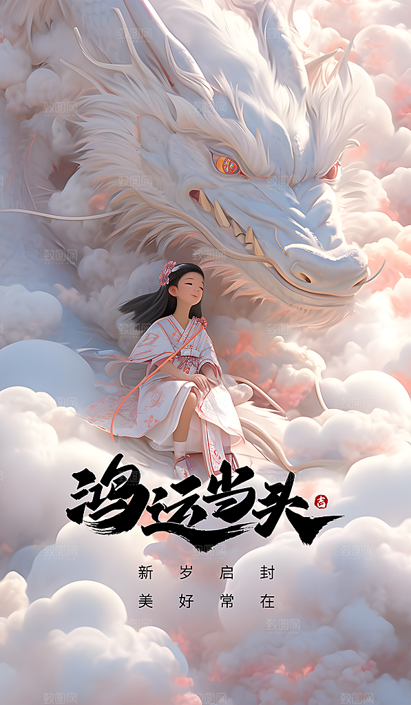 浅色龙年2024年新年海报新春