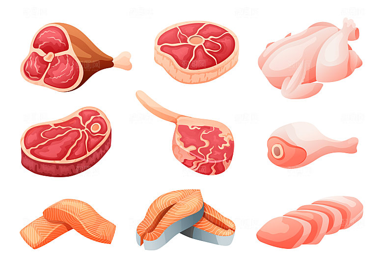 卡通手绘鲜肉生肉 牛排肋排鸡肉元素