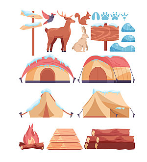 户外露营帐篷木材火堆卡通元素