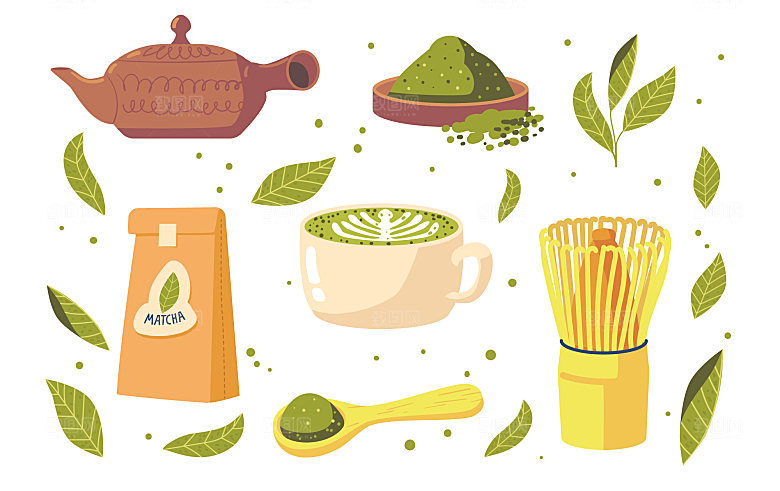 手绘绿茶茶叶茶道元素