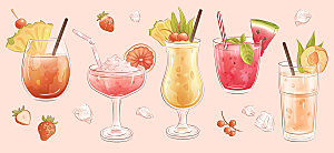 手绘水彩风格果汁饮料卡通元素