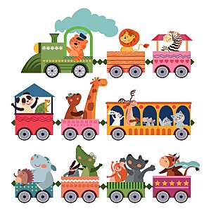 可爱卡通动物火车矢量插画元素
